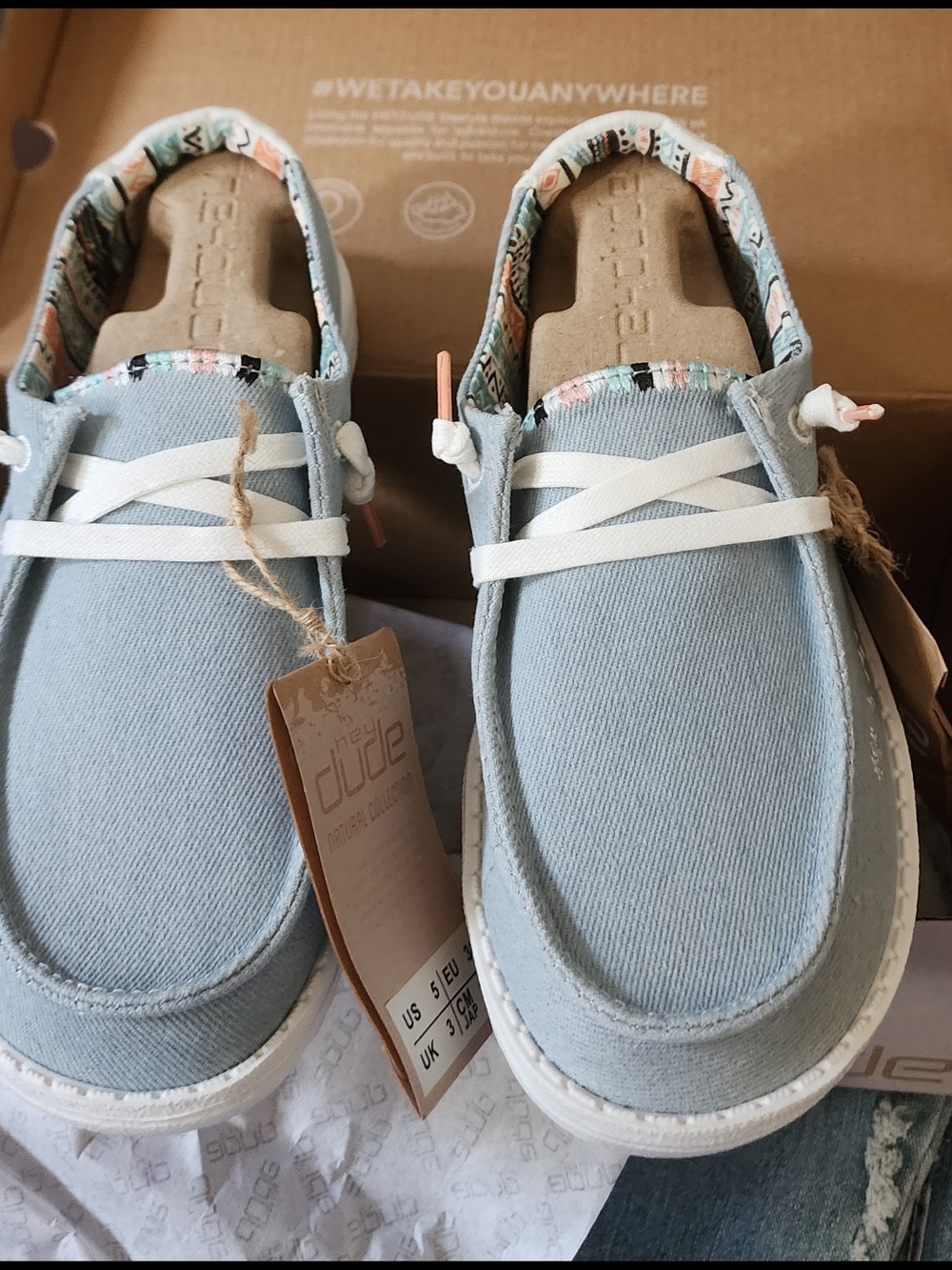 Hey Dude  Light Blue Canvas Slip-On Sneakers with Patterned Lining Sz 5 NIB